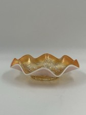 Vintage Opalescent Marigold Ruffled Edge Floral Design Dish picture