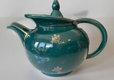 Vtg Hall 6 Cup Dark Turquoise Tea Pot Gold Leaf Roses USA Made Art Pottery picture