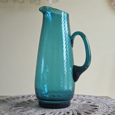 Vintage Hand Blown Glass Pitcher Teal Blue Probable Empoli Glass 10