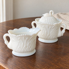 Vintage Westmoreland Milk Glass Swan and Cattails Covered Sugar & Creamer Set WG picture