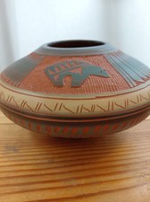 90s Navajo Hand Ben Billy Etched Pottery Seed Pot Spirit Bear Fetish Signed picture