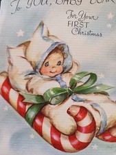 Vtg Rust Craft Christmas Card Baby's First M. Cooper Candycane Sleigh Lamb 40s  picture