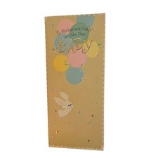Vintage New Baby Greeting Card Bunny Balloons Gold Foil Used picture
