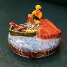 Limoges France Peint Main Fisherman with Boat Fish Clasp picture