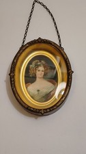 Vintage Lady Portrait Miniature Convex Glass Ornate Gilt Metal Oval Frame picture