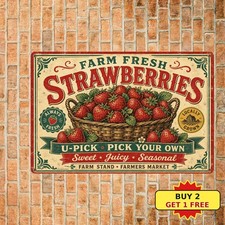 Fresh Strawberry Basket Farm Market Kitchen Fruit Pattern Plaque Metal Tin Sign picture