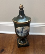 Vtg  Italian Equestrian Fox Hunt Lidded Jar Hand Painted Porcelain Chestnut Urn picture