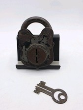 Antique Vintage Heavy Iron Padlock With Key Works Rustic Weathered Patina picture