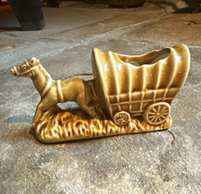 Horse-Drawn Covered Wagon Ceramic Pottery toothpick holder Brown Glossy Western picture
