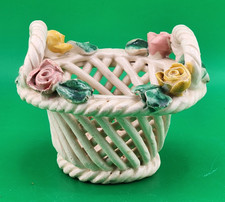 Vintage Collectable Italian Mojolica Creramic woven lattice basket with flowers picture