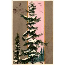 Antique 1906 Happy New Year Postcard Snowy Pine Trees Pink Sky Portland OR Stamp picture