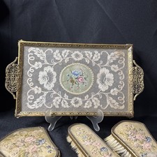 Antique French Gilt Brass Petit Point Tapestry  4 Pc Vanity Set Dresser Set picture