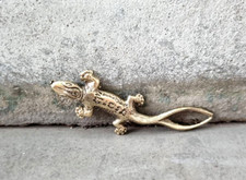 Thai Amulet Gecko Lizard Figurine Pendant Long Two Tails Yantra Lucky Gold 2.5