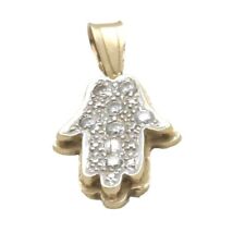 Vintage 14k yellow gold HAMSA hand pendant Cubic Zirconia pave thick Judaica picture