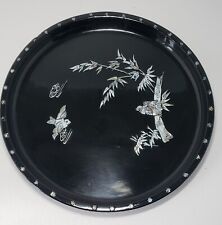 Mother of Pearl Inlaid Lacquered Tray Birds Branches Bamboo Vitg READ - 2 Chips picture