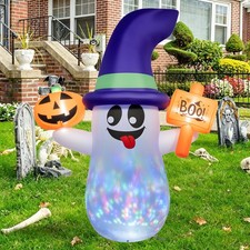 5FT Cute Halloween Inflatables Ghost,Blow Up Wizard Ghost w/ Pumpkin Party Decor picture