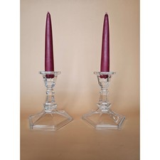 Vintage Clear Glass Candlesticks Pair Hexagonal Base Taper Candle Holders 5