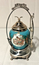 Antique Victorian 1890s Blue Hand Painted Glass Pickle Castor Jar/Silver Frame picture