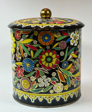 Vintage Floral Metal Canister Black Toleware Style Storage Tin with Lid Handle picture