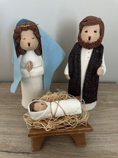 Vintage 1985 Carol Roeda Clay Nativity Set Mary Joseph Baby Jesus w/Manger Crib picture