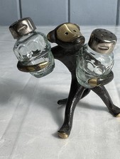 Vintage USSR Soviet Brass Monkey Salt Pepper Shaker Set Glass MCM c1960-1970s picture