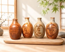 Japanese Vintage 1970s Set Of 4 Tokkuri Sake Flasks Ash Glazed Stoneware, 3x5” picture