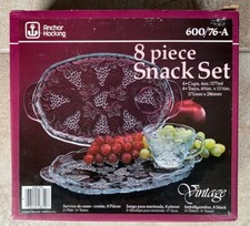 VTG Anchor Hocking 8 Piece Grapvine Snack Set Tray & Teacup Model 600/76-A NEW picture