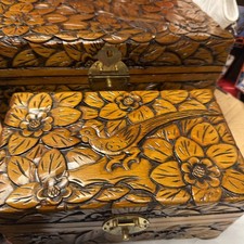 Asian Hand Carved Camphor Wood Box Birds and Flowers Vintage picture