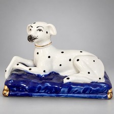 Staffordshire Style Dalmatian Dog Figurine Reclining Cobalt Blue Base Gold Trim picture