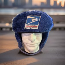 Vintage United States Postal Service USPS Logo Blue Winter Hat Faux Fur Ear Flap picture