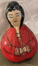 Vintage Folk Art Hand Painted Gourd Doll Asian Woman Figurine Red Robe OOAK 10” picture