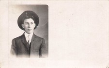 Young Man Dark Hat Suit Tie Posed Studio Portrait Postcard RPPC 1908 picture