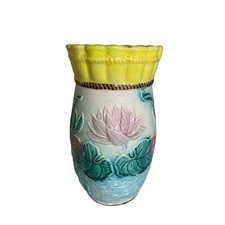 Antique 1880s Majolica Water Lily Vase Sam Lear Vibrant Color 7.25 Inches picture
