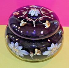 Vtg. Fenton Royal Purple Hand Painted Colonial Scroll Powder Jar Ltd. Edition picture