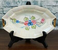 Vintage Hand Painted Floral Iridescent Celery Dish Gold Trim Handles Germany picture
