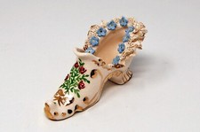 Vintage Lace Porcelain Shoe Slipper Figurine Floral Gold Blue Crazing Spaghetti picture