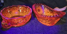 2 Vintage LE Smith Cut Glass Amberina Oval Trinket Dish, Nappy Bowl Cadmium Glow picture