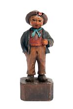 Vintage Anri (?) Wood Carving Miniature Figurine Boy w Hat & Jacket, Italy, 2.5” picture