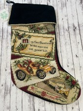 Vintage Needlepoint Hand Embroidered Christmas Stocking Wool Velvet Car 20” NEW picture