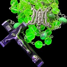 Vintage WW2 Uranium Glass XL Holy Rosary Vaseline Glass Glowing W/Mori 22