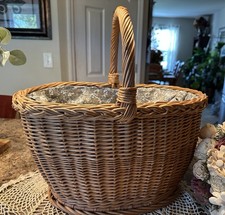 Vintage French Market Basket Wicker Rattan Picnic Gathering Farmhouse Fabric  picture