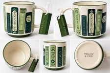 Mellow & Mod Book Lovers Club Coffee Mug Green Bookshelf Design New With Tag picture