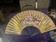 Vintage large (12x26) Japanese Folding Hand Fan Hand Painted Large 24x12 picture