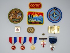 Vintage BSA Boy Scout Memorabilia Lot Patches Medals Pins Wolf Slide Buckle picture