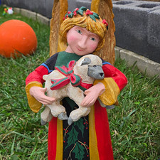 Christmas Angel Figurine Holding Lamb Painted Resin Multicolor picture