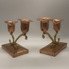 Pair Signed MCM Copper/Brass Double Candleholders Tlaquepaque Mexico picture