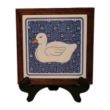 VTG Julie Pomerantz Collectible Tile Trivet Blue White Duck Wood Frame 7 1/8