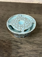 Lovina Pottery USA MCM Blue Crackle Candle Holder & Flower Frog Rare Vintage picture
