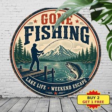 Gone Fishing Vintage Bass Salmon Angler Hobbyist Cabin Round Metal Tin Sign picture