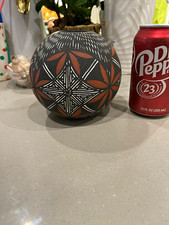 Darrell Patricia Handmade Acoma NM Pottery Vase Black/Red Geometric Design picture